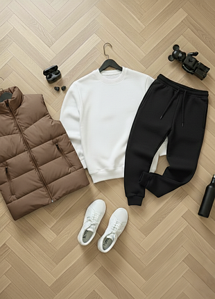 Комплект 3в1 свитшот штаны жилетка теплый спортивный базовый повседневный костюм на флисе стандартного кроя тепла безрукавка осенний зимний унисекс