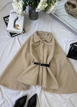 Жіноча повсякденна класична кофта пончо з поясом тканина букле каракуль баранчик