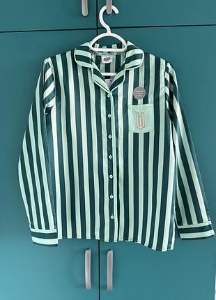 Сорочка піжама кофта на ґудзиках у смужку атласна дитяча смарагдова