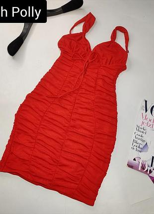 Платье женское мини красный со сборками на шнуровке от бренда oh polly xs s