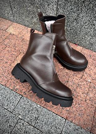 Натуральні шкіряні зимові черевики кольору шоколад