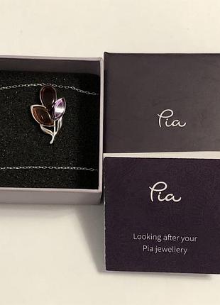 Pia срібний кулон з бурштином та аметистом у формі листя.