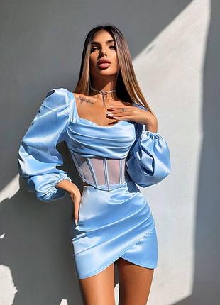 Атласный комплект двойка корсет + юбка мини, вечерний костюм с корсетом со стразами, вечернее платье мини с камнями