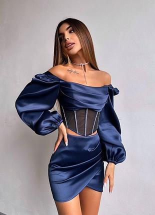 Атласный комплект двойка корсет + юбка мини, вечерний костюм с корсетом со стразами, вечернее платье мини с камнями