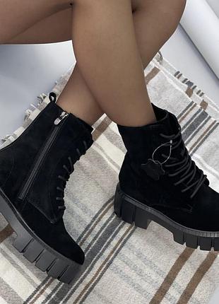 Накладной платеж ❤ натуральные зимние утепленные набивным мехом кожаные ботинки со шнуровкой на тракторной подошве берцы