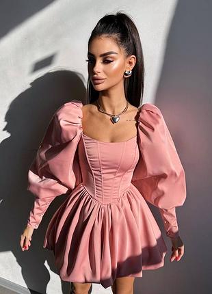 Атласное корсетное платье мини с юбкой баллон, вечернее корсетное платье с объемными рукавами, платье мини из атласа