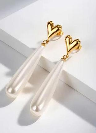 Серьги длинные сердце, сердца с подвеской капля, медзолото