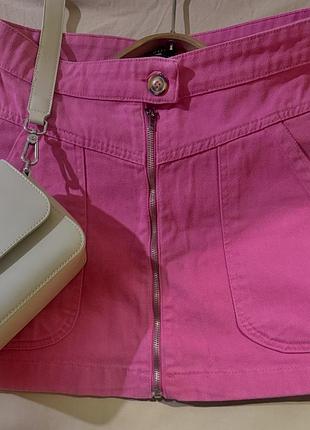 Спідниця жіноча міні рожевa з блискавкою спереду | denim trend xs-s бавовна