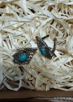 Серьги женские с камушками из натуральной бирюзы, серебро 925 проба.