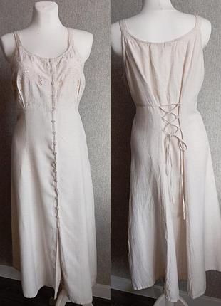 Винтажное длинное платье сарафан на шнуровке с вышивкой 10% лен,