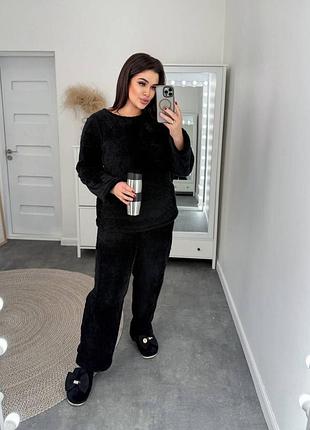 Жіноча повсякденна домашня піжама тепла двійка штани та кофта тканина махра