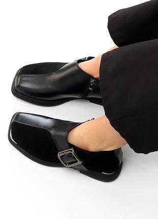 Дизайнерські чорні туфлі натуральна шкіра + замша квадратний носик