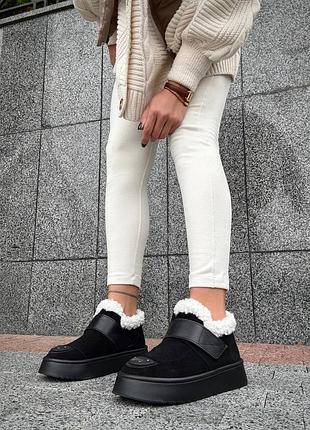 Распродажа натуральные замшевые зимние черные ботинки на липучках