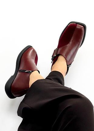 Дизайнерські бордові туфлі натуральна шкіра + замша квадратний носик