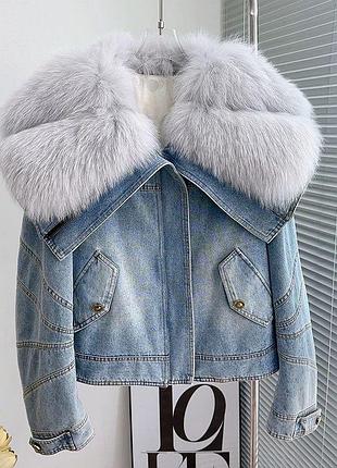 Джинсовий пуховик з хутряним коміром