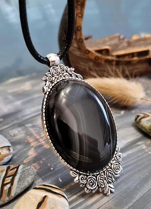 🔺🖤🥀✨ роскошный большой кулон в стиле винтаж "розы" натуральный камень черный полосатый агат