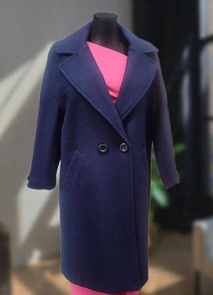 Пальто женское демисезонное теплое с шерсти темно синего цвета размер м-л