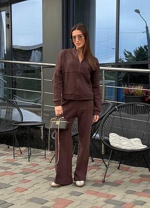 Спортивный брючный костюм кофта на молнии карманы повседневный брюки высокие со стрелками флис