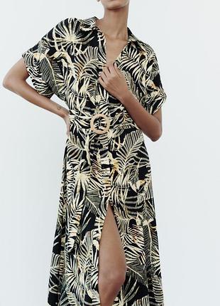 Платье из смеси льна с тропическим принтом от zara, размер l❤️