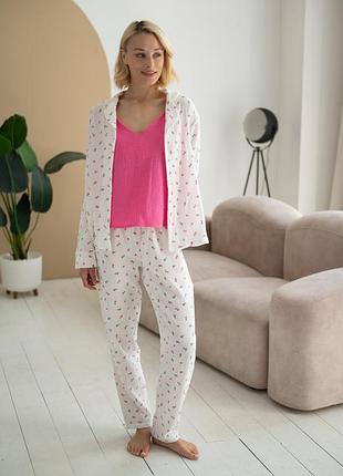 Муслиновая пижама в цветы белая + розовая рубашка брюки майка шорты муслин хлопок