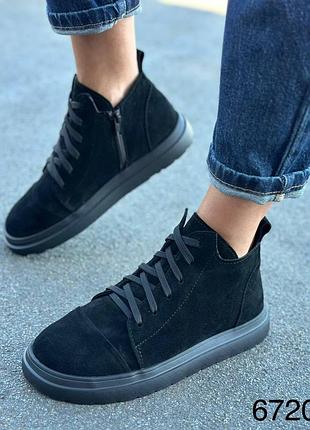 Анатомические женские демисезонные хайтопы, высокие кеды на байке, демисезонные ботинки натуральная замша черные 67201