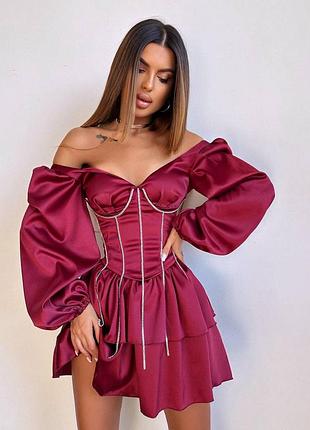 Атласный комплект корсет + юбка со стразами, вечерний костюм с юбкой из атласа, атласное платье мини