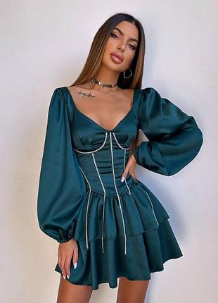 Атласный комплект корсет + юбка со стразами, вечерний костюм с юбкой из атласа, атласное платье мини