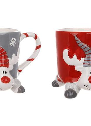 Кухоль керамічний з об'ємним малюнком веселий олень 350мл, 2 дизайни