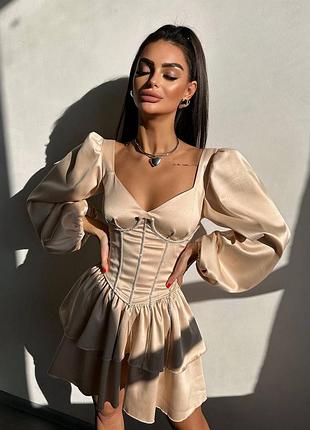 Атласный комплект корсет + юбка со стразами, вечерний костюм с юбкой из атласа, атласное платье мини