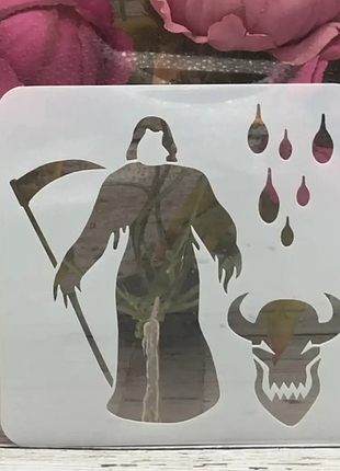 Трафарет на хэллоуин смерть с косой 13 на 13 см серый