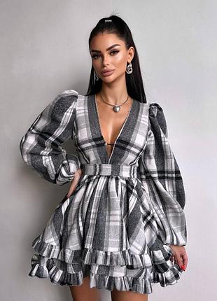 Байковое платье в клетку с объемными рукавами, байковое платье мини из декольте, короткое платье байка