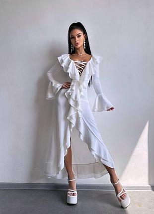 Длинное платье с воланами из крепдайвинга, платье миди из декольте, платье с воланами