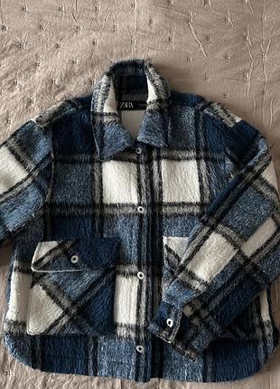Сорочка тепла синя в білу клітинку, осінь-весна zara розмір s