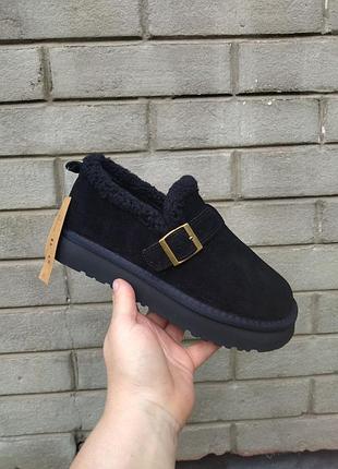 Автоледі лофери жіночі чорні замшеві  з пряжками на хутрі