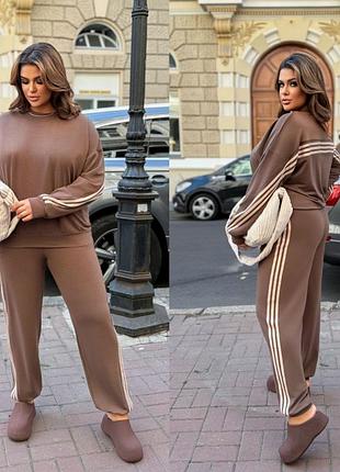 Прогулочный женский костюм с лампасами большие размеры шоколадный