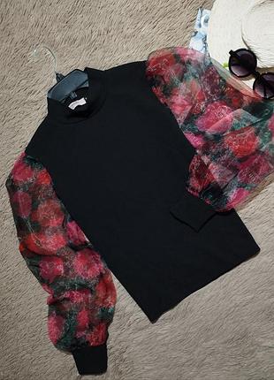 Красивый комбинированный джемпер с объемными рукавами из органзы/кофта/блузка/ блуза