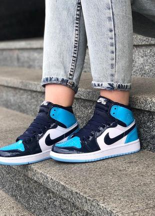 Кросівки жіночі найк аір джордан високі лакові, nike air jordan 1 retro blue