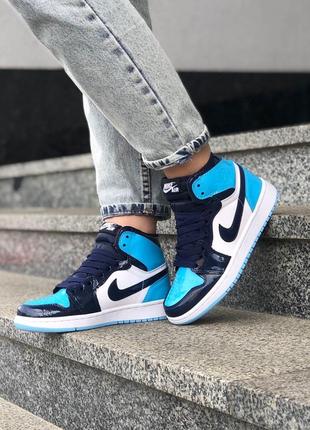 Кросівки жіночі найк аір джордан високі лакові, nike air jordan 1 retro blue3 фото