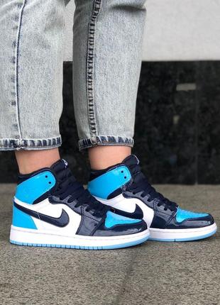 Кросівки жіночі найк аір джордан високі лакові, nike air jordan 1 retro blue6 фото