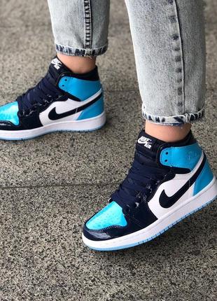 Кросівки жіночі найк аір джордан високі лакові, nike air jordan 1 retro blue7 фото