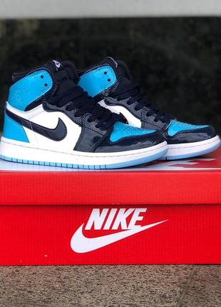 Кросівки жіночі найк аір джордан високі лакові, nike air jordan 1 retro blue8 фото