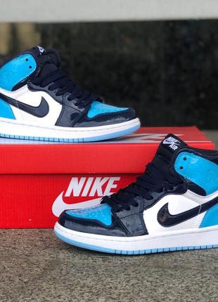 Кросівки жіночі найк аір джордан високі лакові, nike air jordan 1 retro blue9 фото