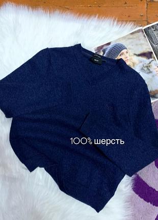 Светр жіночий вовняний шерстяний, пуловер hugo boss, хуго бос, з v-подібним вирізом, темно-синій