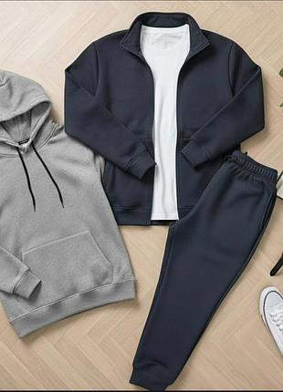 Теплый комплект 4в1 зипер худи футболка две кофты с капюшоном и без капюшона на молнии джоггеры осенний зимний спортивный повседневный костюм