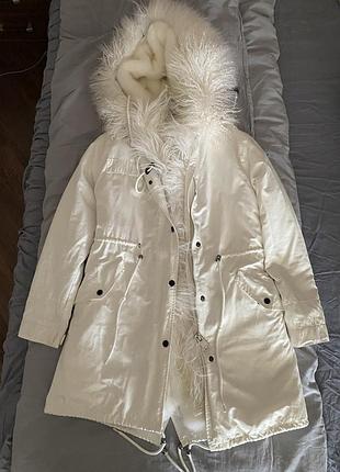 Куртка парка белая коттоновая с натуральной ламой