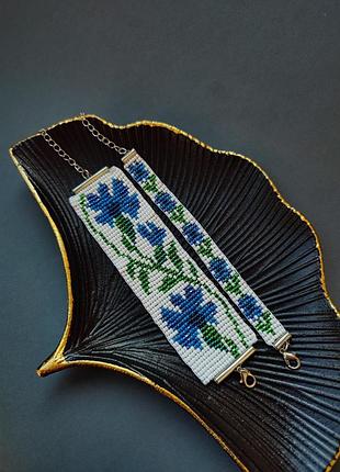 2 шт браслетів з бісеру з блакитними квітами, комплект жіночих прикрас з волошками