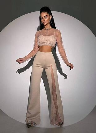 Комплект топ + брюки с сеткой со стразами, женский вечерний брючный костюм, брюки с разрезом, праздничный костюм с камнями