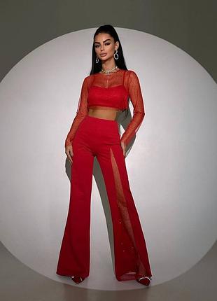 Комплект топ + брюки с сеткой со стразами, женский вечерний брючный костюм, брюки с разрезом, праздничный костюм с камнями