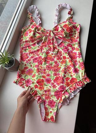 Якісний суцільний спільний злитний купальник квітковий принт