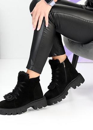 Дизайнерские черные замшевые ботинки на флисе с опушкой